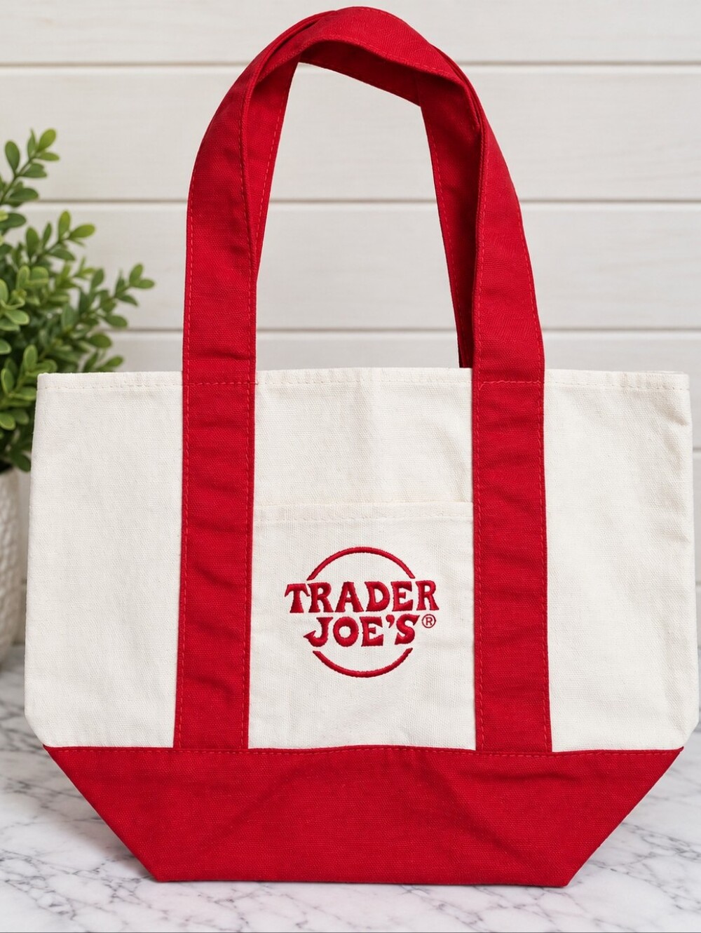 Trader Joe’s Mini Canvas Tote Bag Red Cream Embroidered Logo NWOT